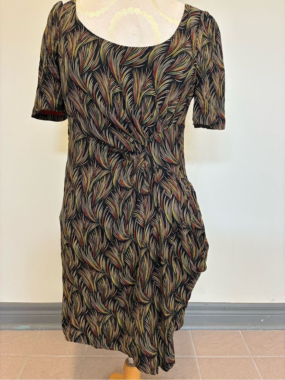 Moulinette Soeurs Black Dress with Multicolor Feather Print